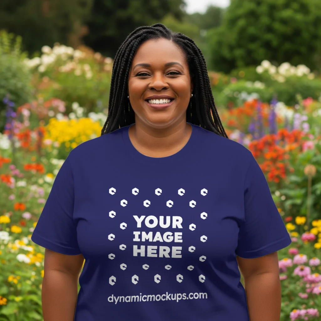 Woman Wearing Navy Blue T-shirt Mockup Front View Template