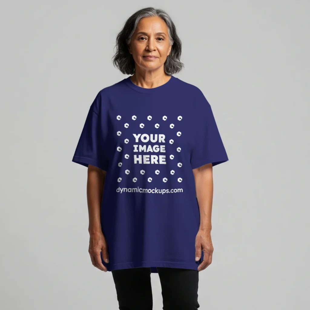 Woman Wearing Navy Blue T-shirt Mockup Front View Template