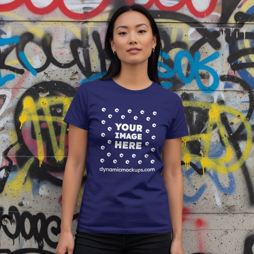 Woman Wearing Navy Blue T-shirt Mockup Front View Template