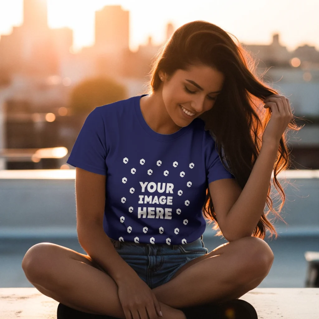 Woman Wearing Navy Blue T-shirt Mockup Front View Template