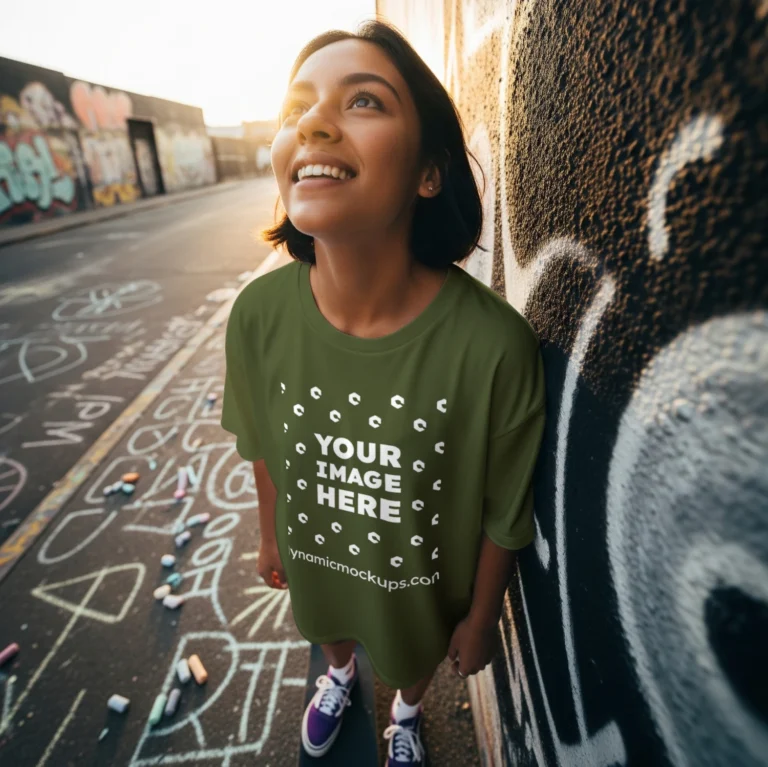 Woman Wearing Olive Green T-shirt Mockup Front View Template