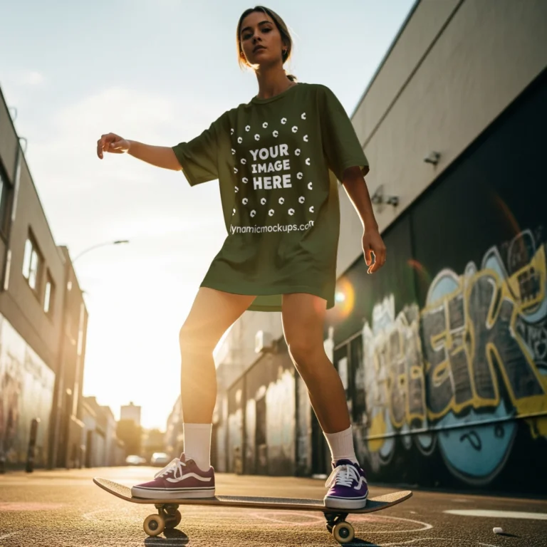 Woman Wearing Olive Green T-shirt Mockup Front View Template