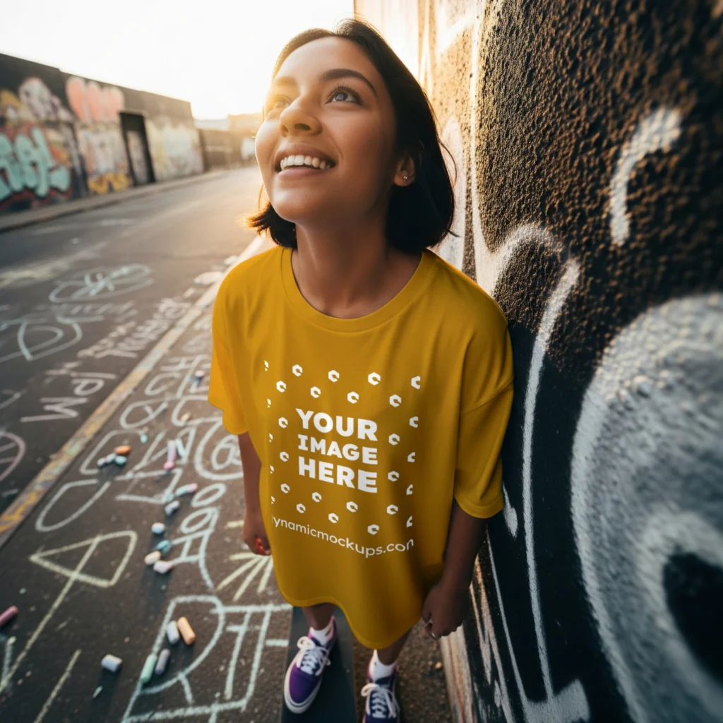 Woman Wearing Orange T-shirt Mockup Front View Template