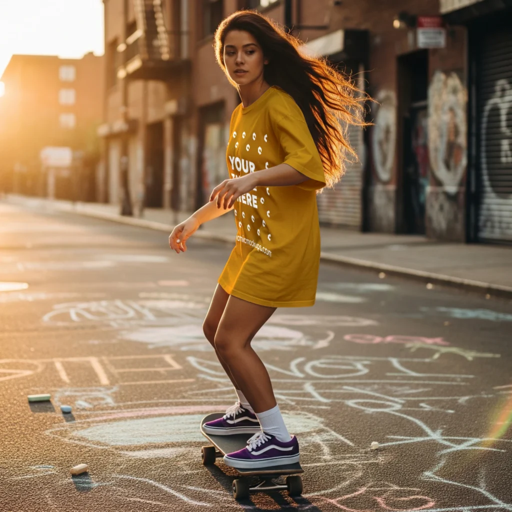 Woman Wearing Orange T-shirt Mockup Side View Template