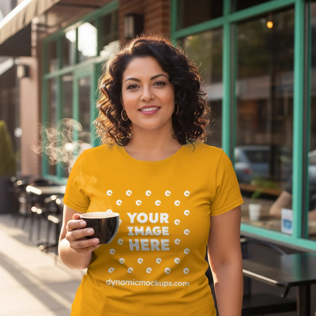 Woman Wearing Orange T-shirt Mockup Front View Template