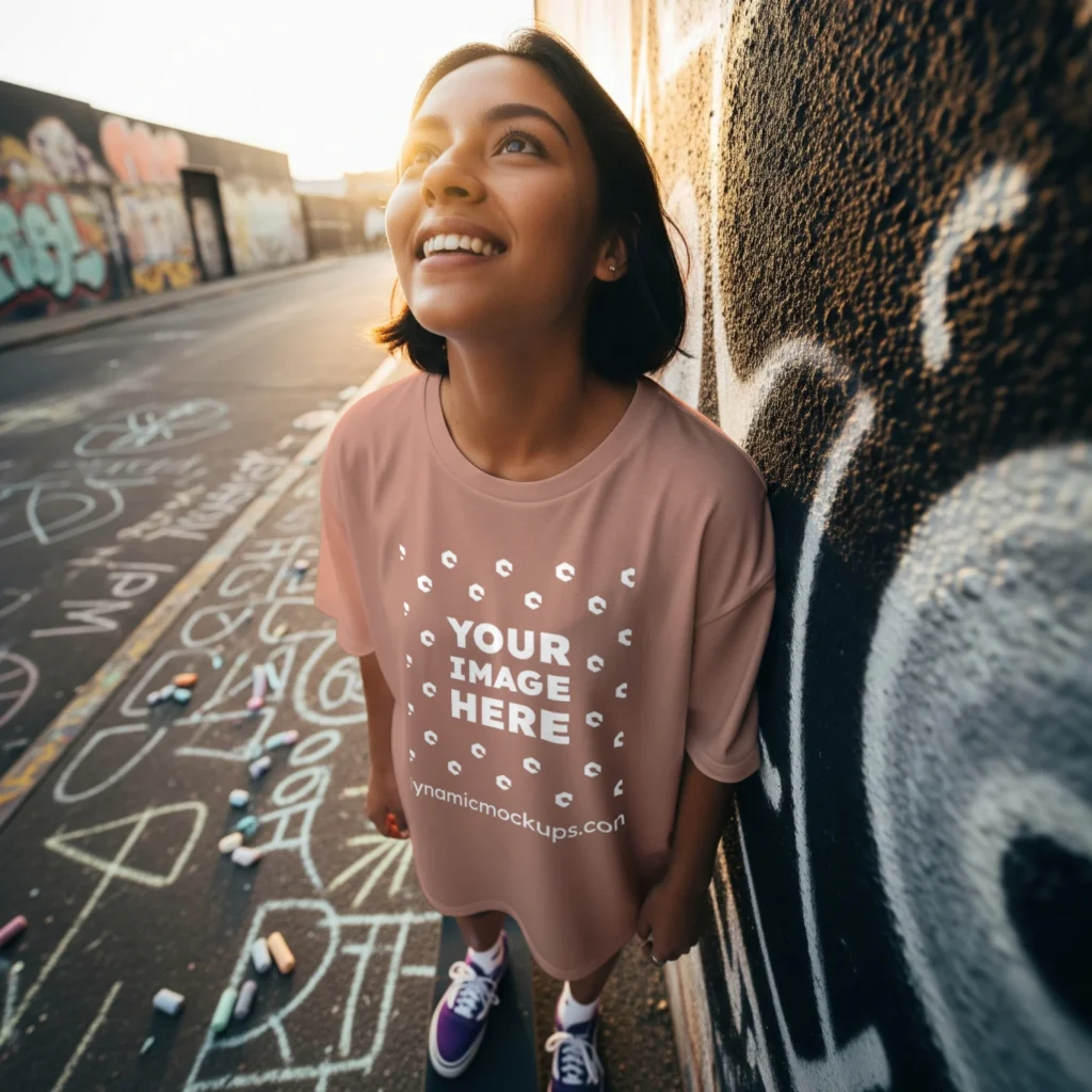 Woman Wearing Peach T-shirt Mockup Front View Template