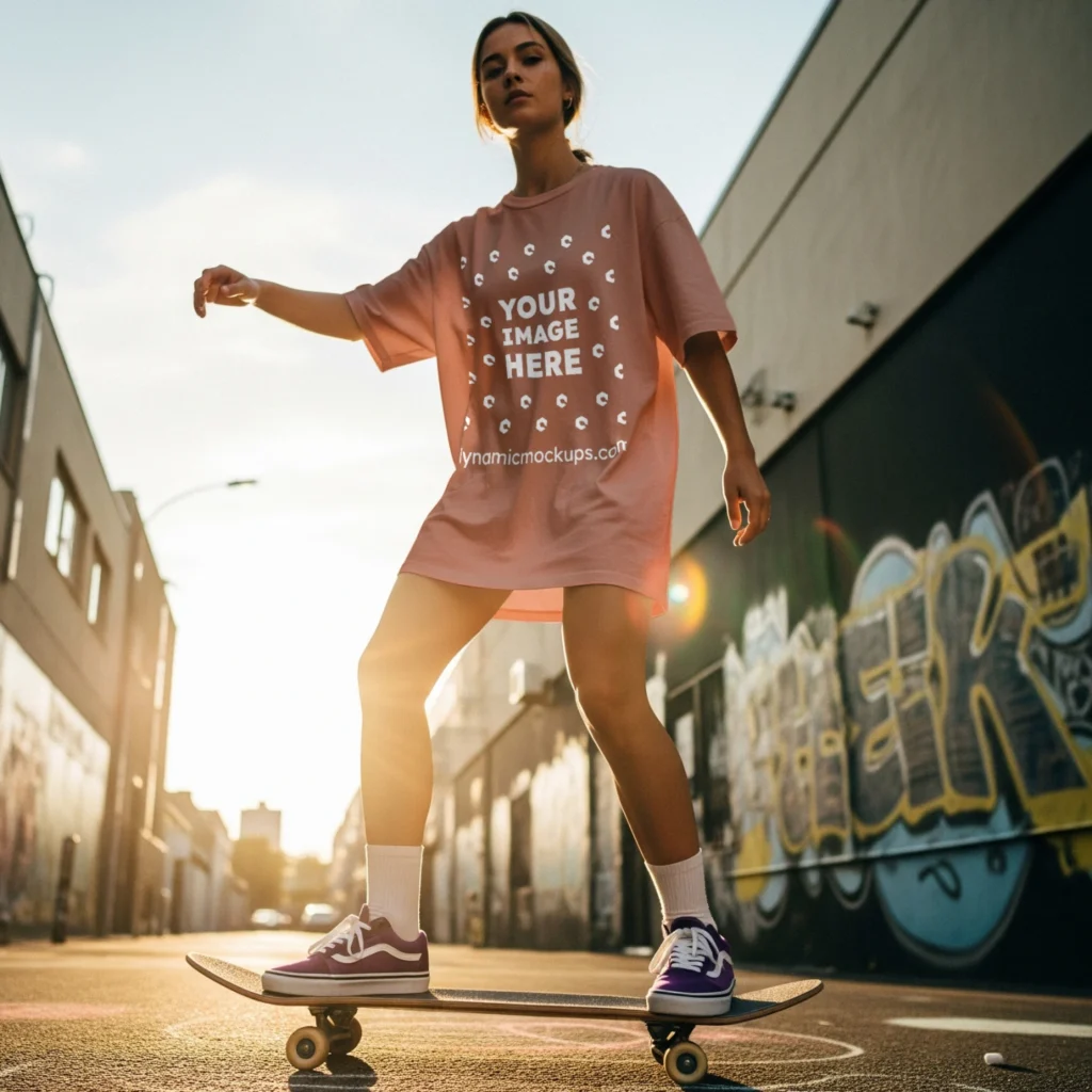 Woman Wearing Peach T-shirt Mockup Front View Template
