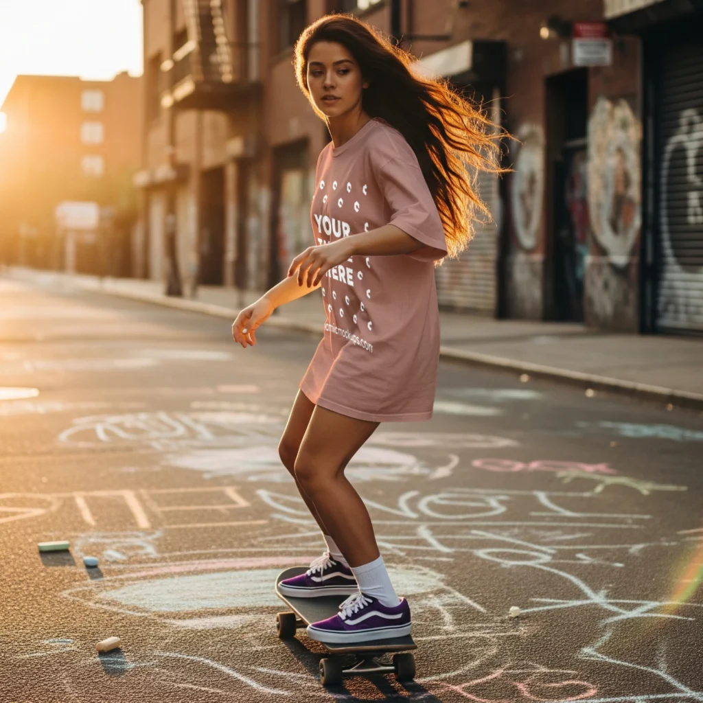 Woman Wearing Peach T-shirt Mockup Side View Template