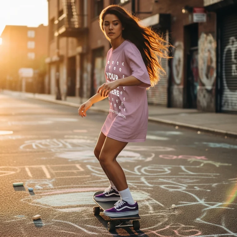 Woman Wearing Pink T-shirt Mockup Side View Template
