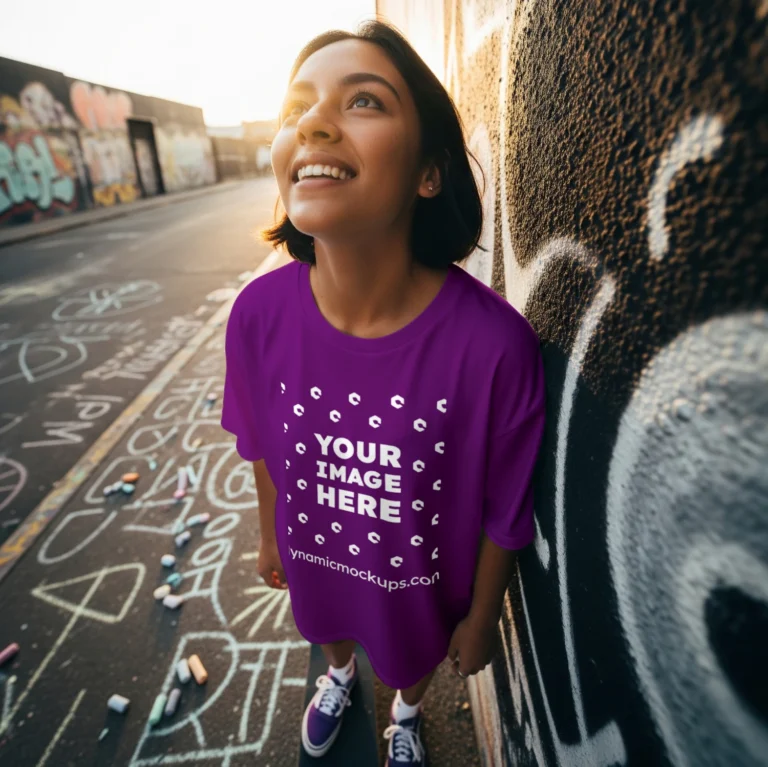 Woman Wearing Purple T-shirt Mockup Front View Template