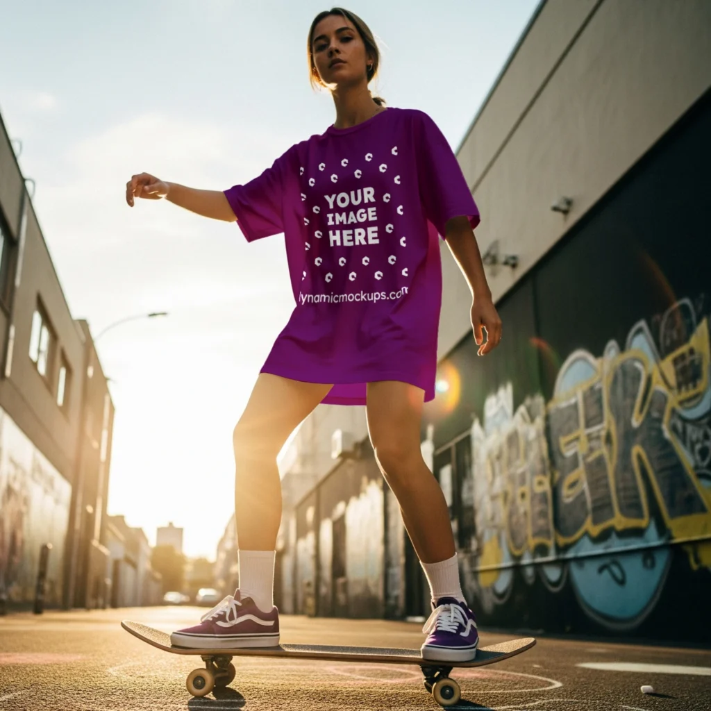 Woman Wearing Purple T-shirt Mockup Front View Template
