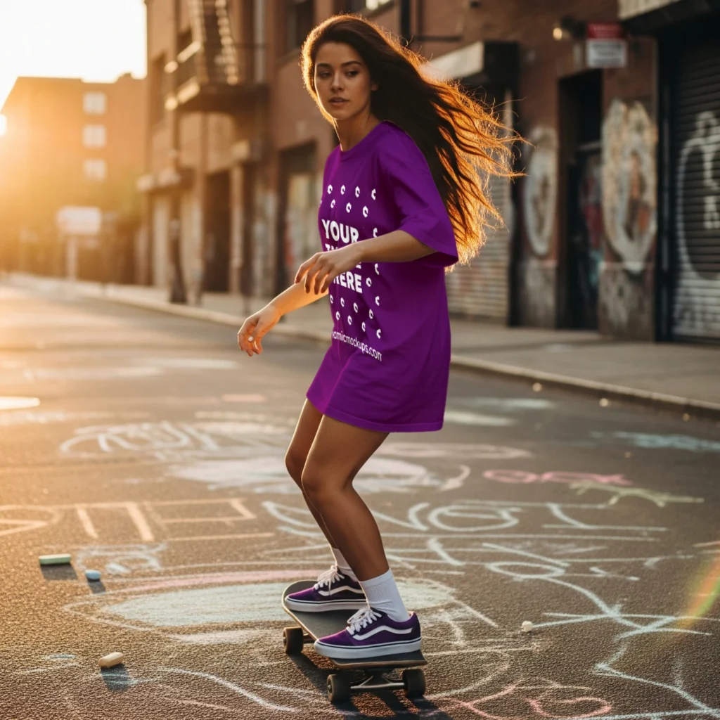 Woman Wearing Purple T-shirt Mockup Side View Template