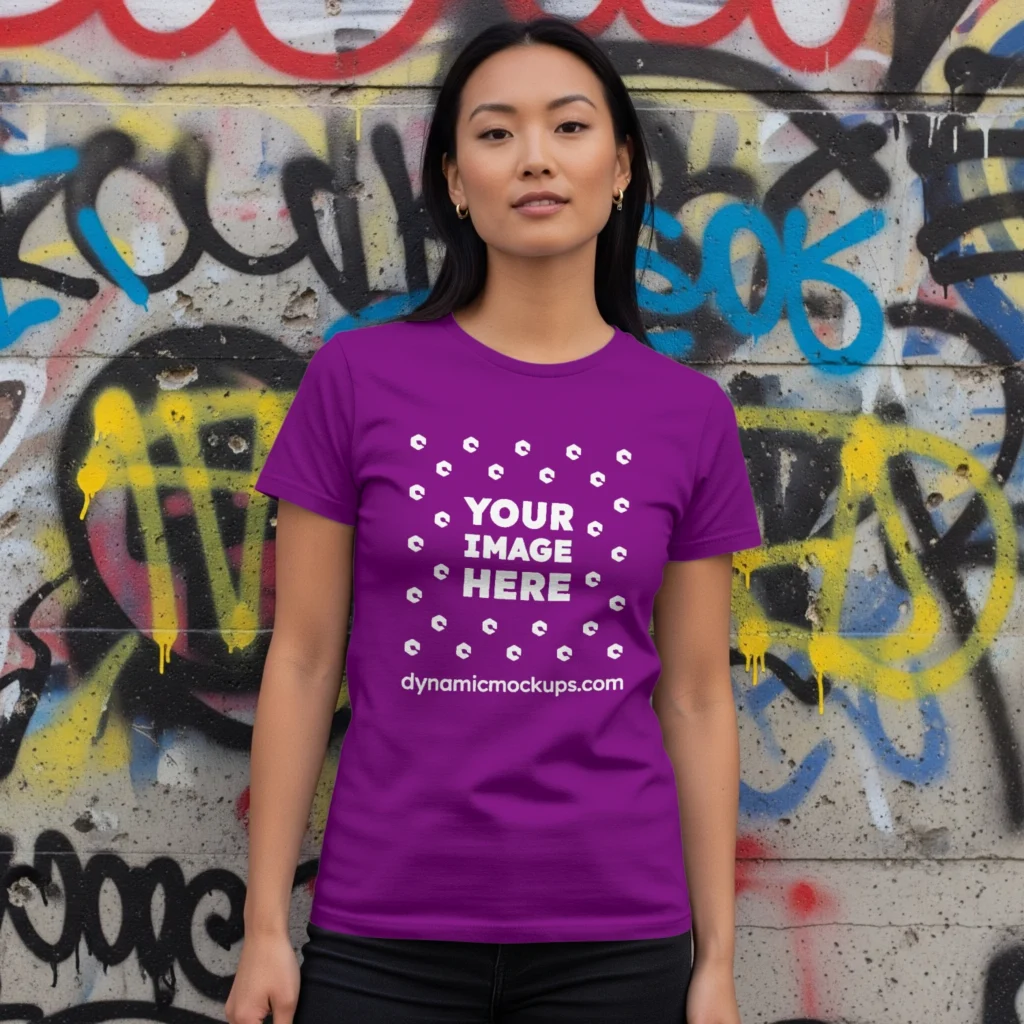 Woman Wearing Purple T-shirt Mockup Front View Template