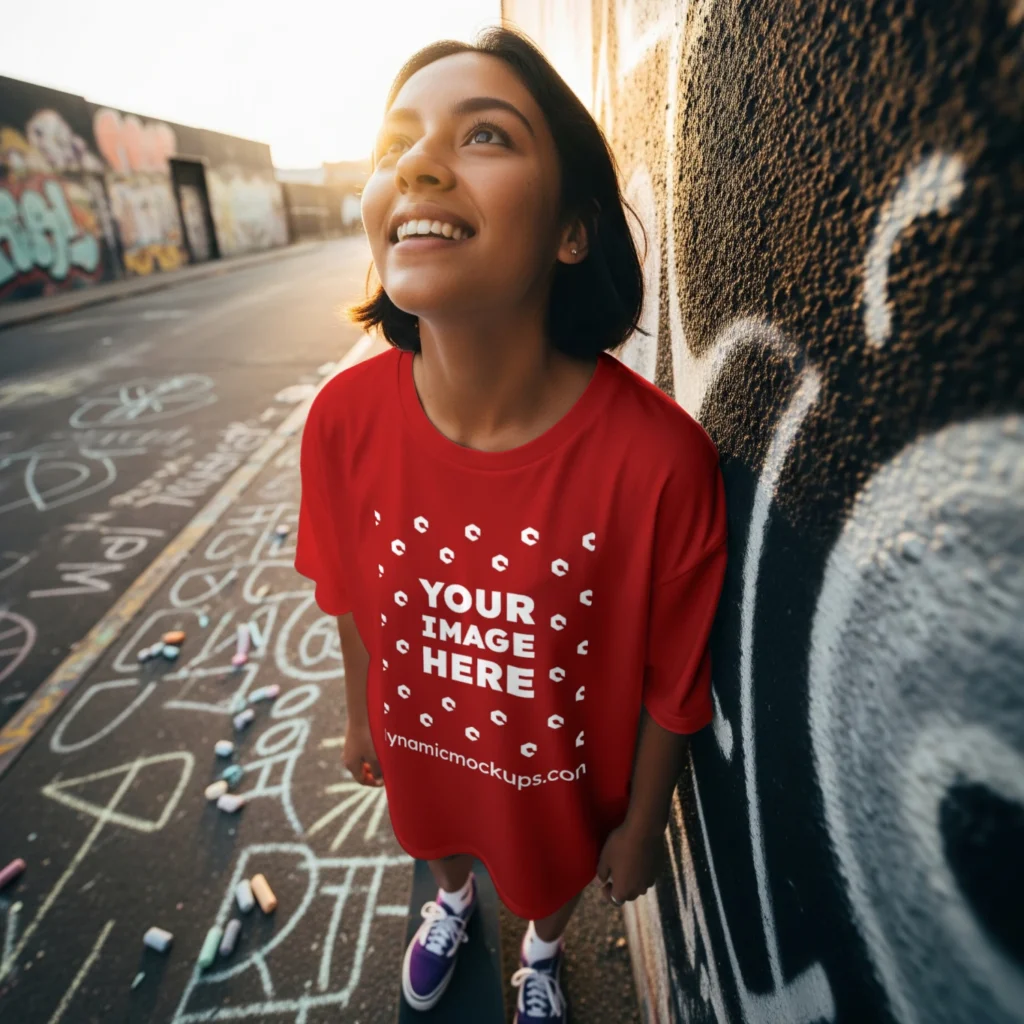 Woman Wearing Red T-shirt Mockup Front View Template