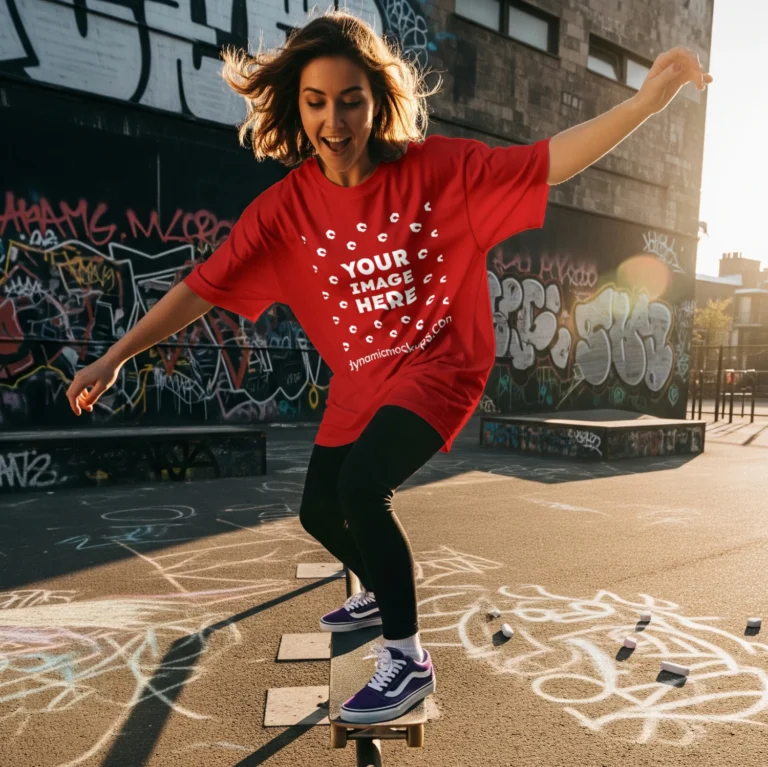 Woman Wearing Red T-shirt Mockup Front View Template