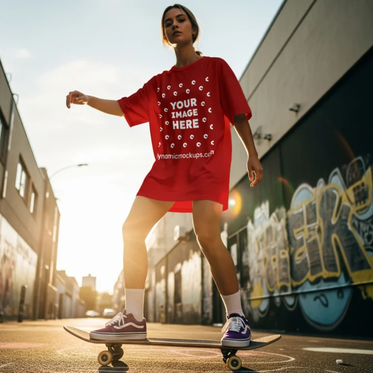 Woman Wearing Red T-shirt Mockup Front View Template