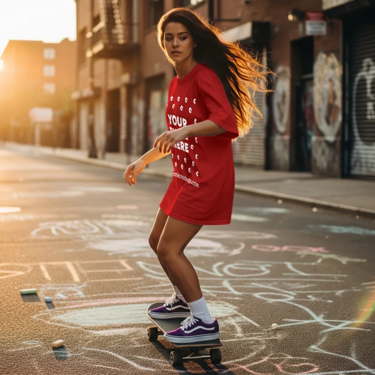 Woman Wearing Red T-shirt Mockup Side View Template