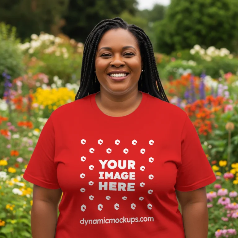 Woman Wearing Red T-shirt Mockup Front View Template