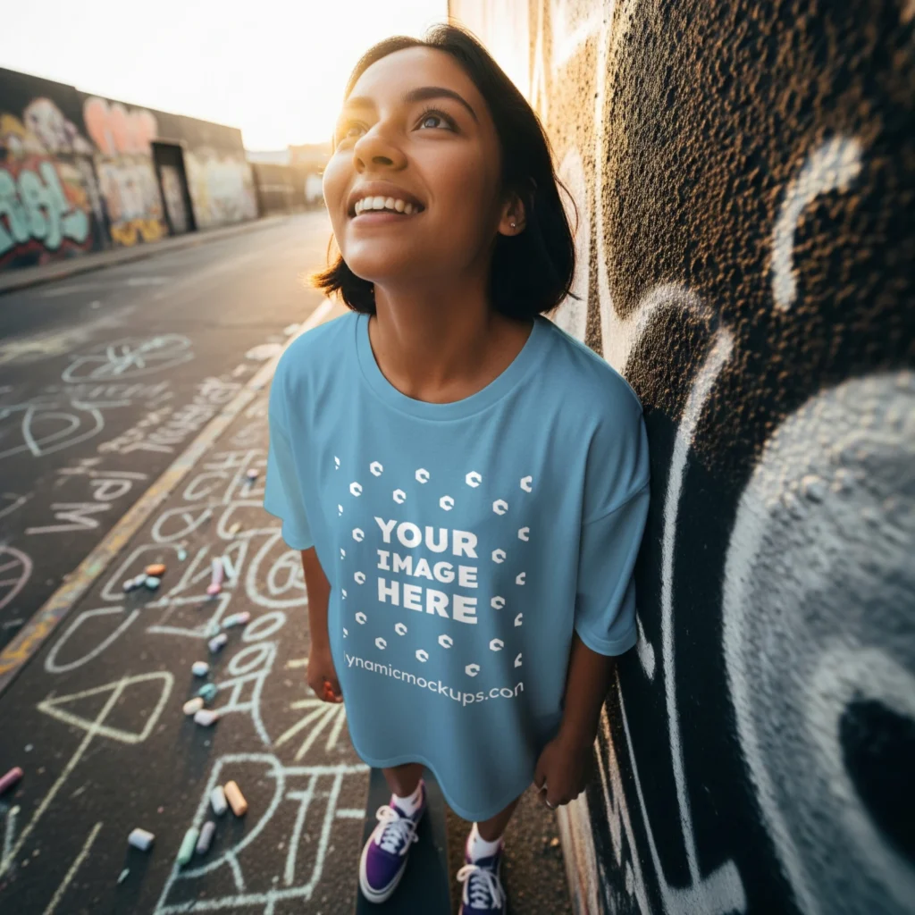 Woman Wearing Sky Blue T-shirt Mockup Front View Template