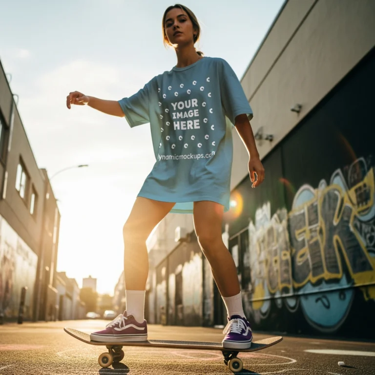 Woman Wearing Sky Blue T-shirt Mockup Front View Template