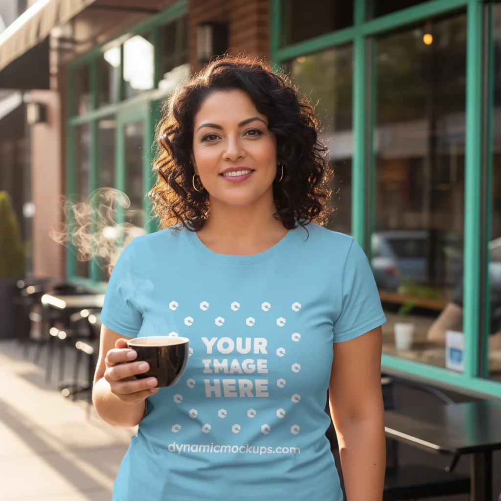 Woman Wearing Sky Blue T-shirt Mockup Front View Template