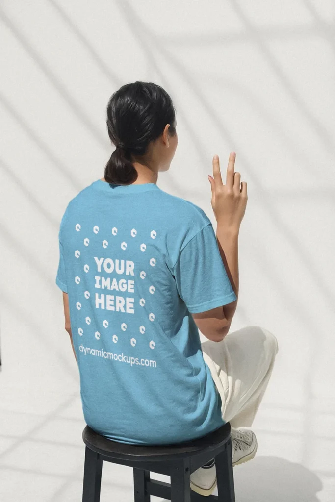 Woman Wearing Sky Blue T-shirt Mockup Back View Template
