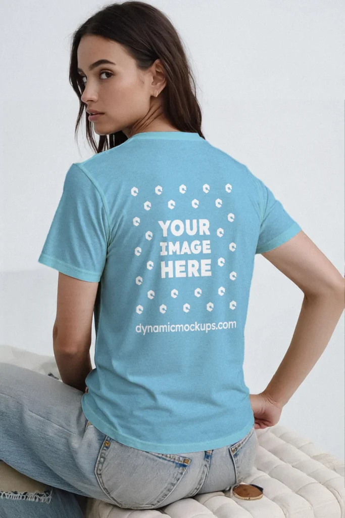 Woman Wearing Sky Blue T-shirt Mockup Back View Template