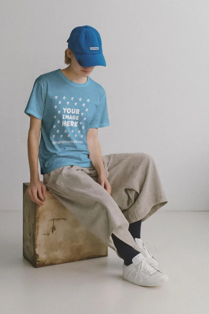 Woman Wearing Sky Blue T-shirt Mockup Front View Template