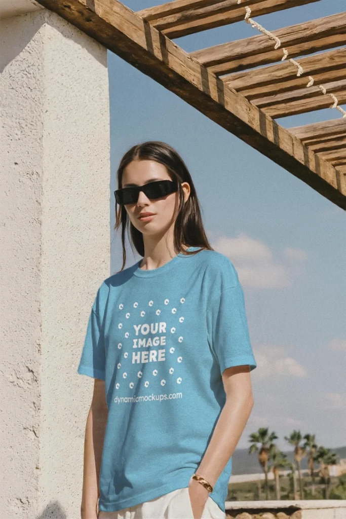 Woman Wearing Sky Blue T-shirt Mockup Front View Template
