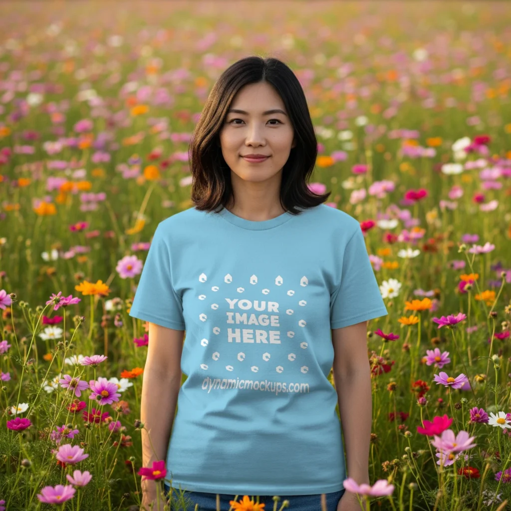 Woman Wearing Sky Blue T-shirt Mockup Front View Template