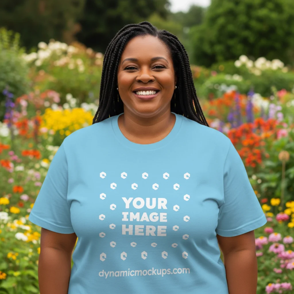 Woman Wearing Sky Blue T-shirt Mockup Front View Template