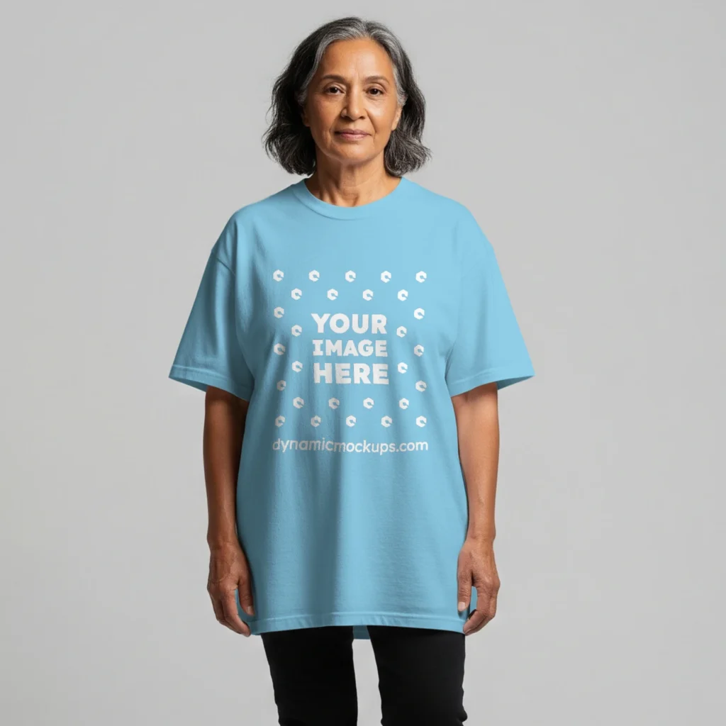 Woman Wearing Sky Blue T-shirt Mockup Front View Template