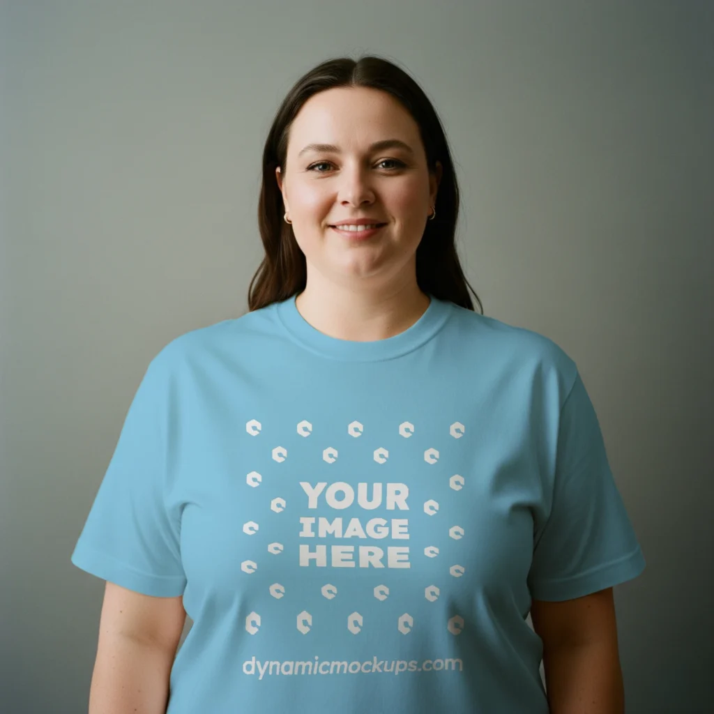 Woman Wearing Sky Blue T-shirt Mockup Front View Template