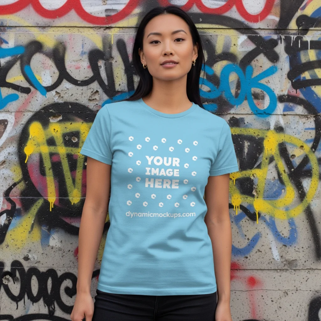 Woman Wearing Sky Blue T-shirt Mockup Front View Template