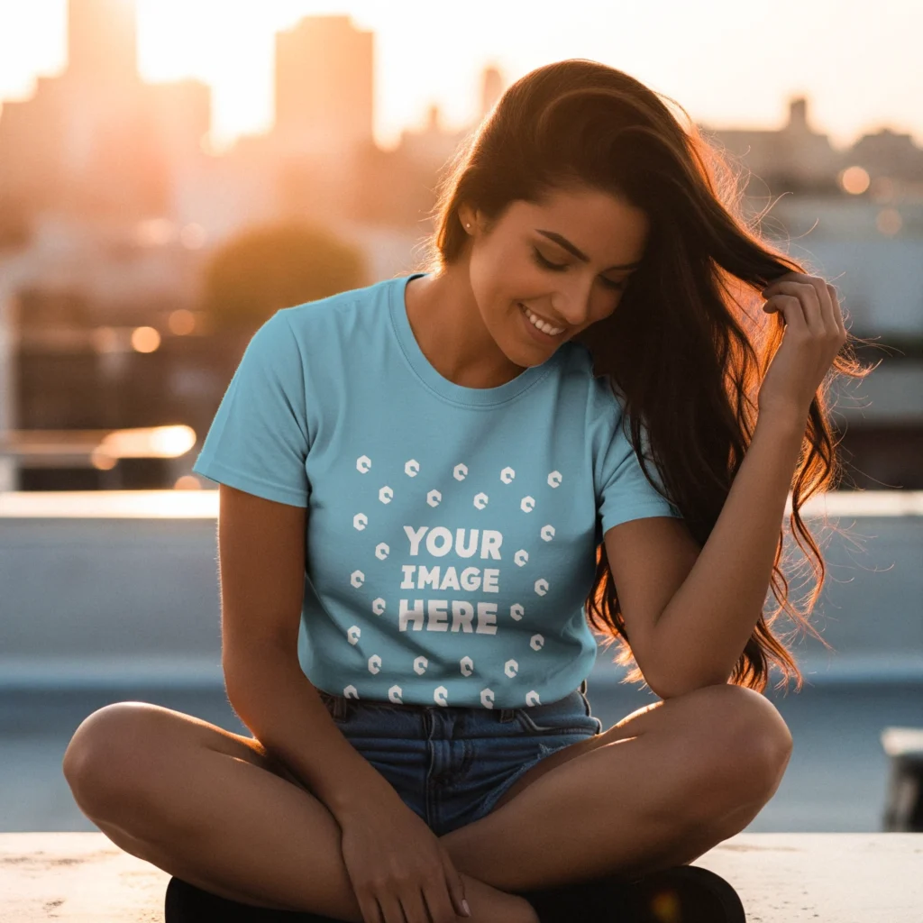 Woman Wearing Sky Blue T-shirt Mockup Front View Template