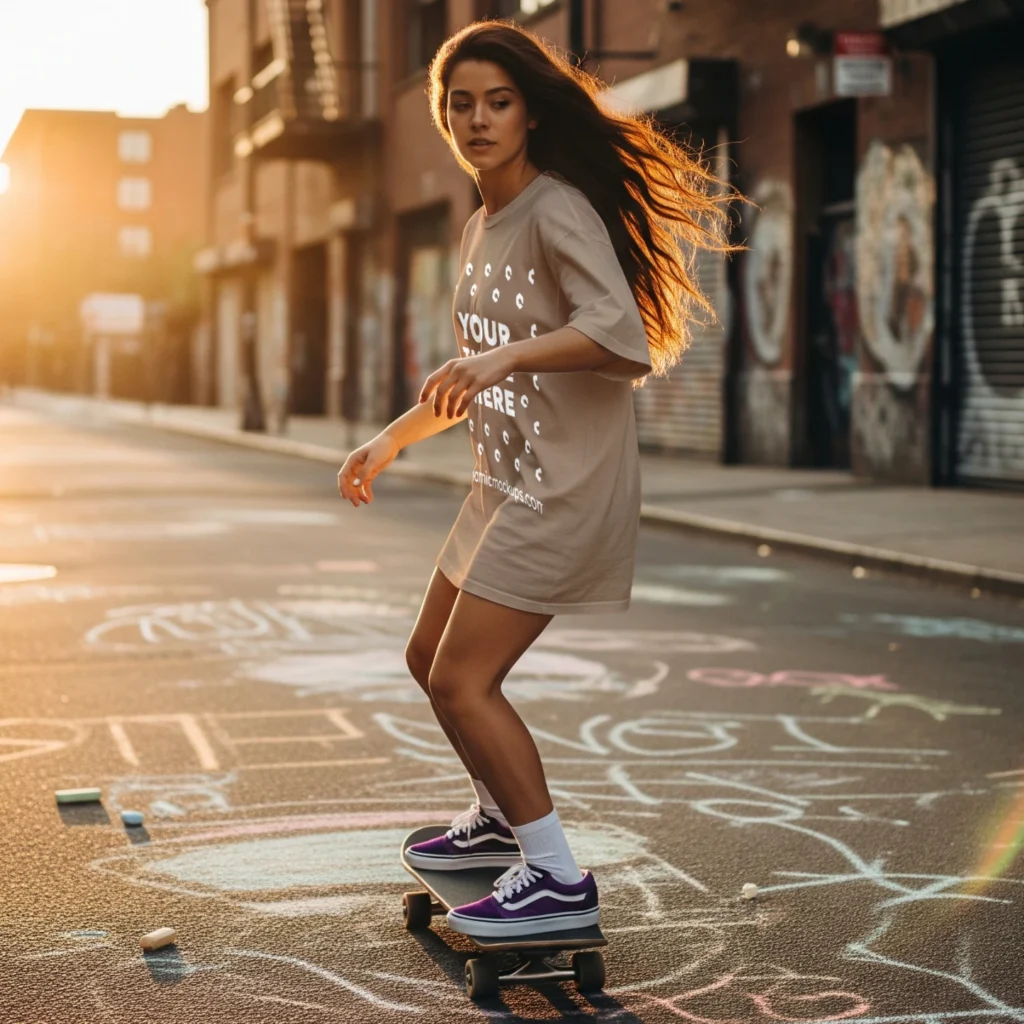 Woman Wearing Tan T-shirt Mockup Side View Template