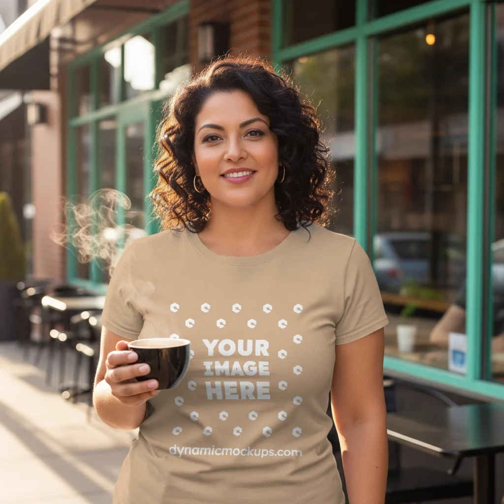 Woman Wearing Tan T-shirt Mockup Front View Template