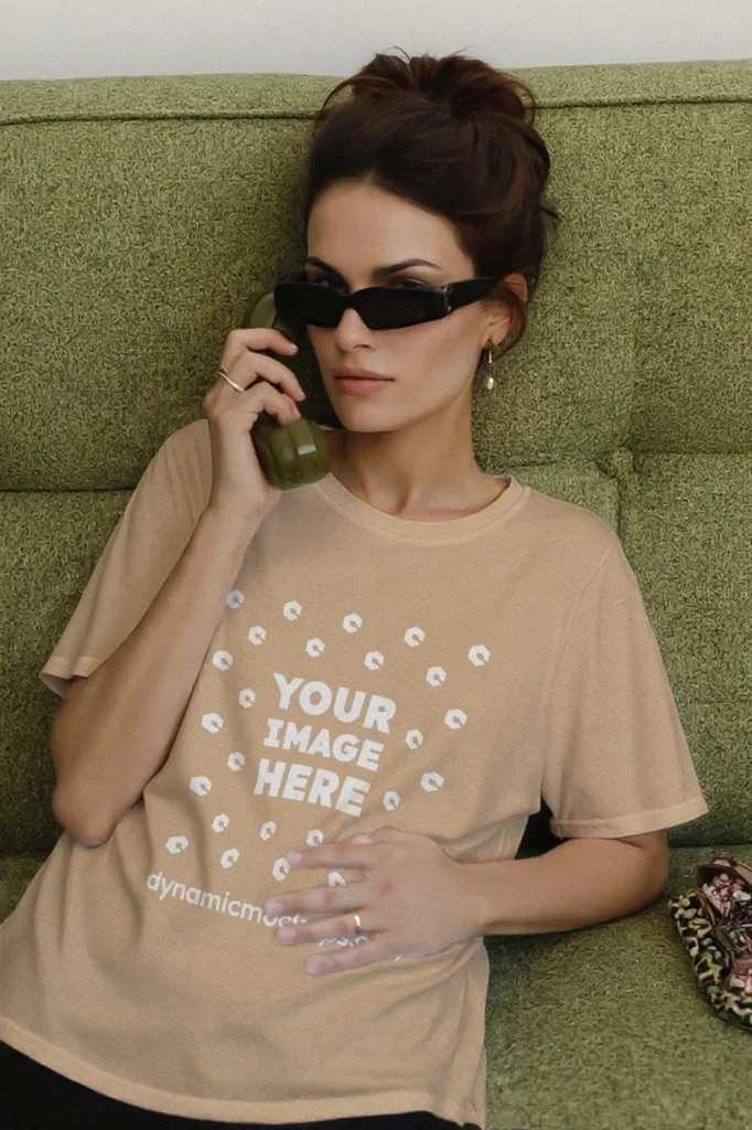 Woman Wearing Tan T-shirt Mockup Front View Template
