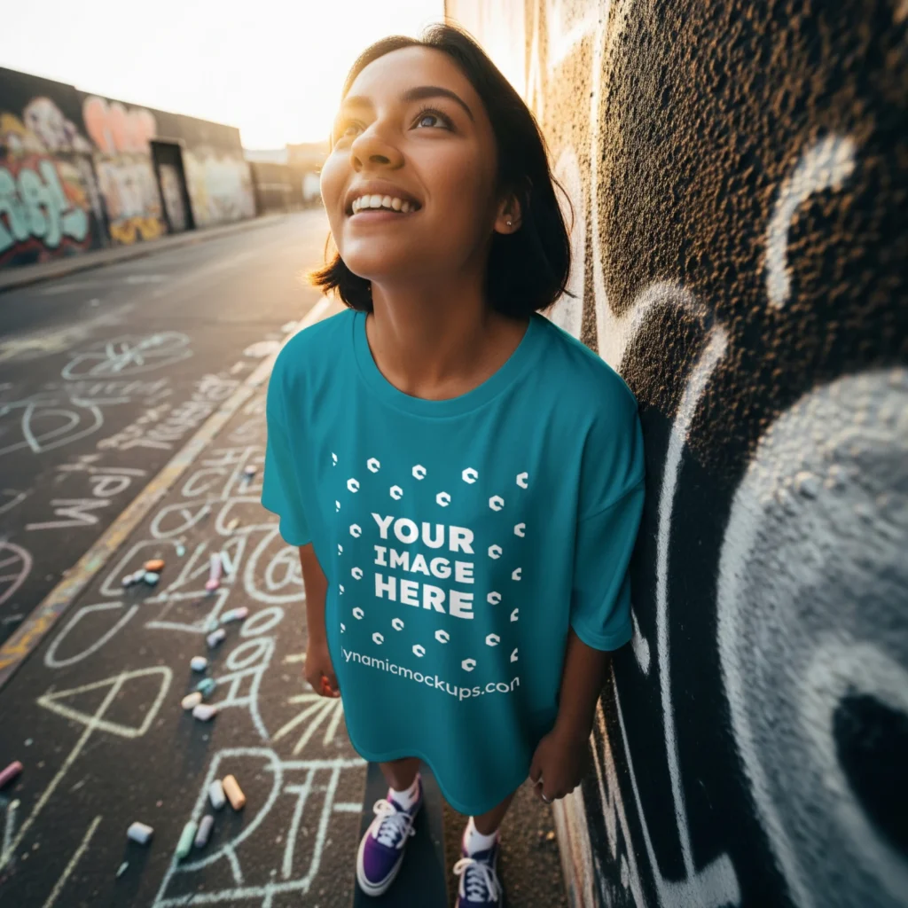 Woman Wearing Teal T-shirt Mockup Front View Template