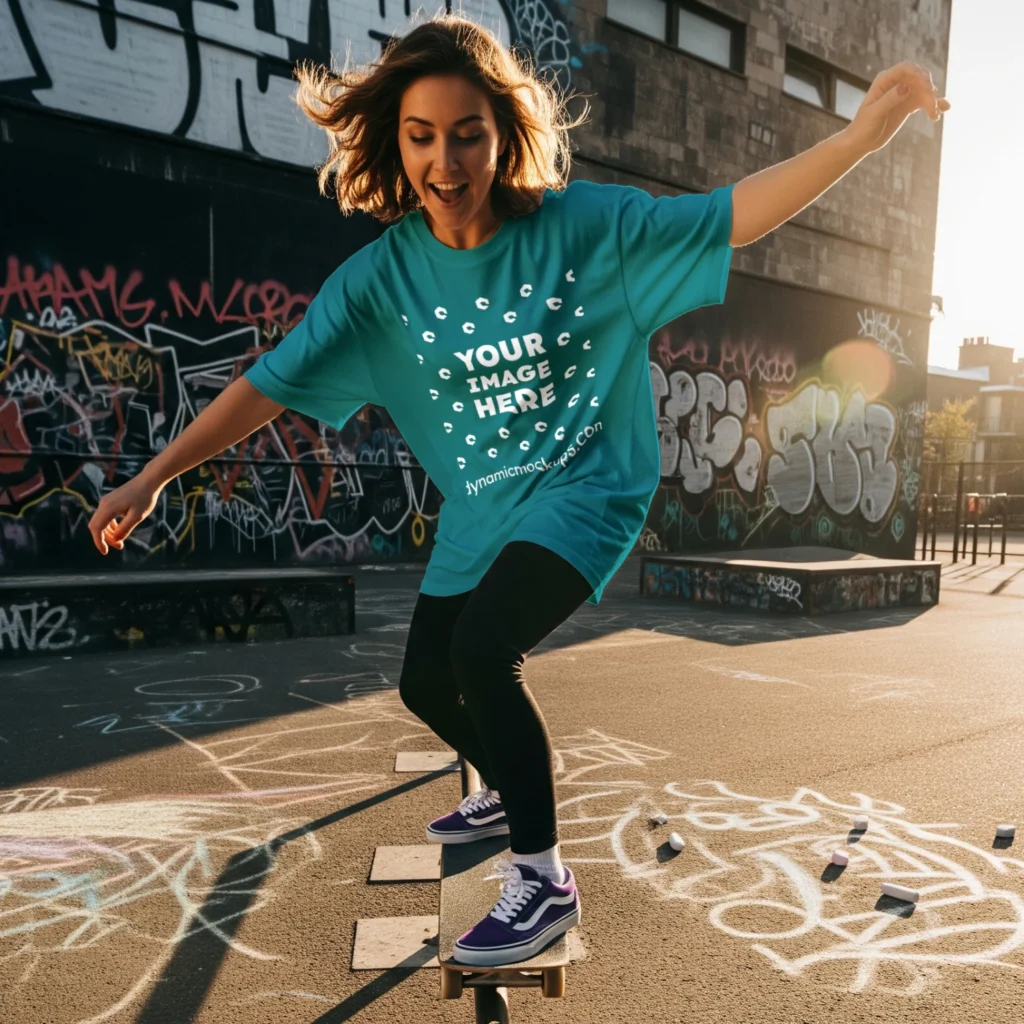 Woman Wearing Teal T-shirt Mockup Front View Template