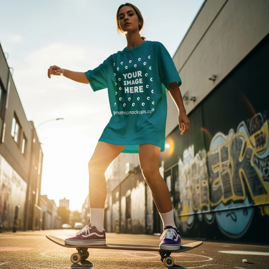 Woman Wearing Teal T-shirt Mockup Front View Template