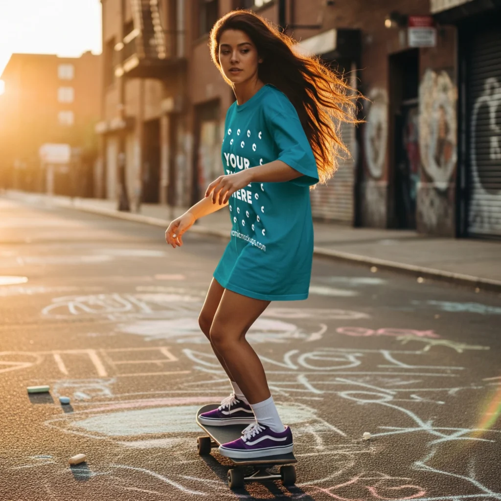 Woman Wearing Teal T-shirt Mockup Side View Template