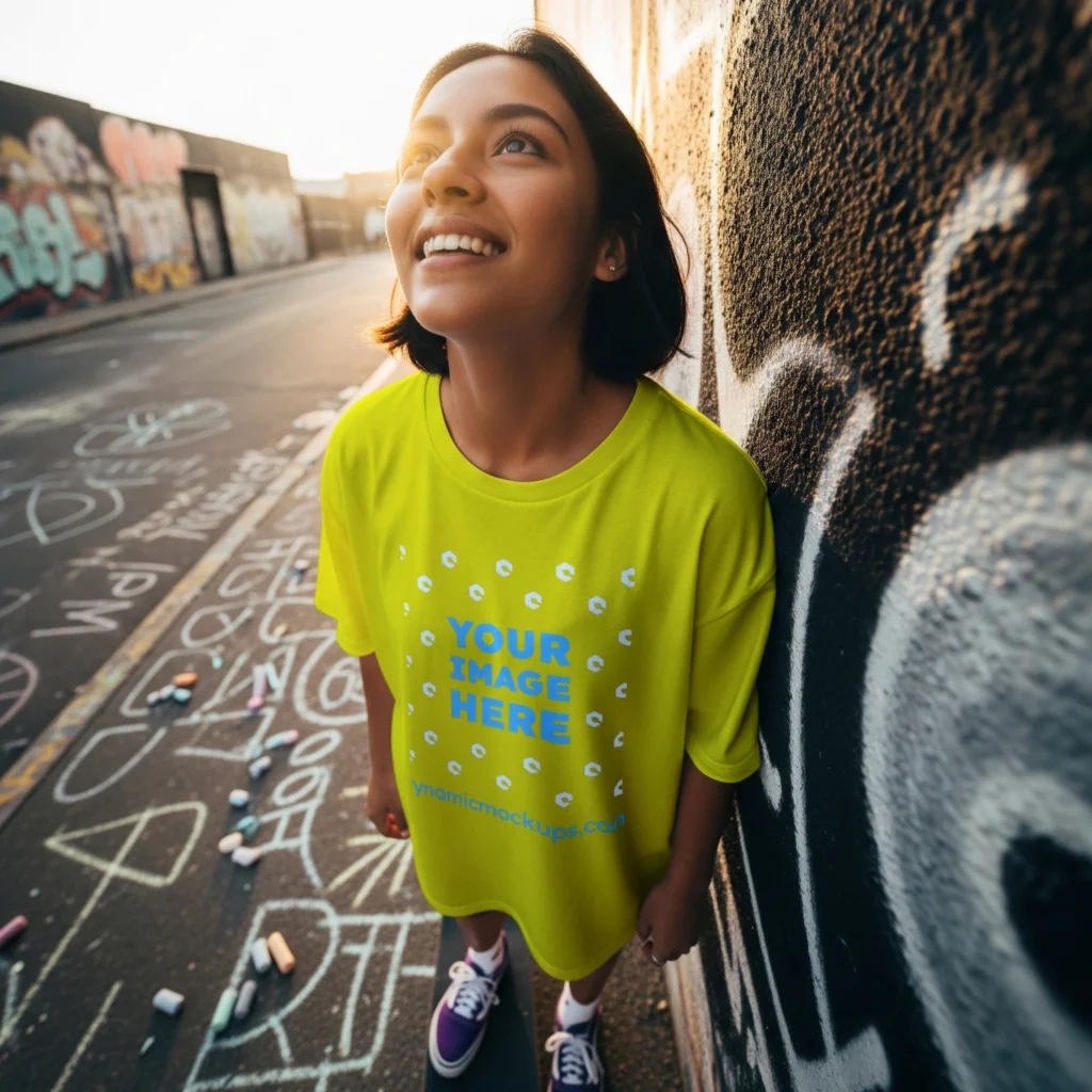 Woman Wearing Yellow T-shirt Mockup Front View Template