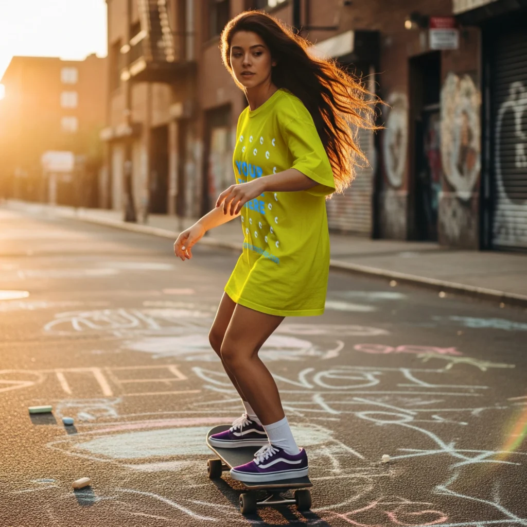 Woman Wearing Yellow T-shirt Mockup Side View Template