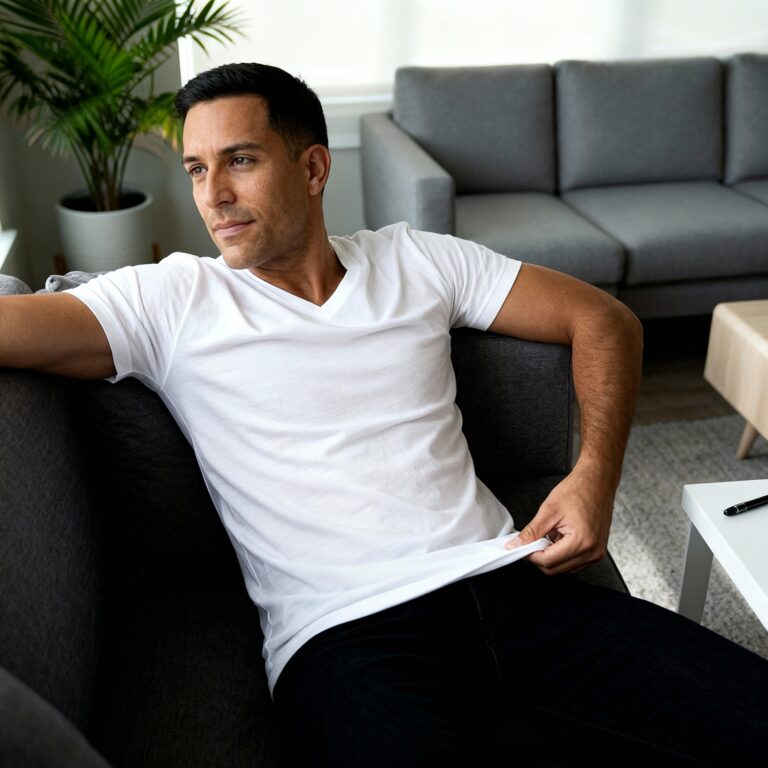 Adult Hispanic Man Wearing Next Level Men’s CVC V-Neck T-Shirt – 6240 Mockup Template