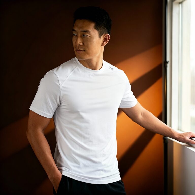 Adult Asian Man Wearing TASC Performance Inc Men’s Carrollton Fitness T-Shirt – TM110AB Mockup Template