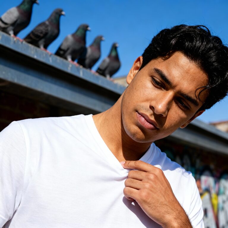 Young Hispanic Man Wearing Tultex Men’s Poly-Rich V-Neck T-Shirt – 207 Mockup Template