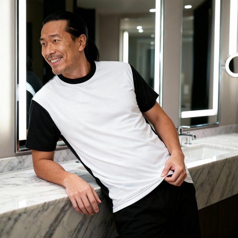 Adult Asian Man Wearing SubliVie Men’s Blackout Polyester Sublimation Tee – 1902 Mockup Template