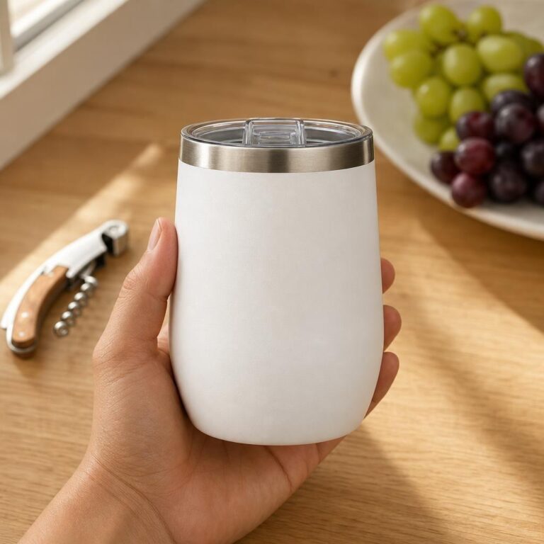 Free Insulated Wine Tumbler Mockup - Warm Kitchen Lifestyle Shot