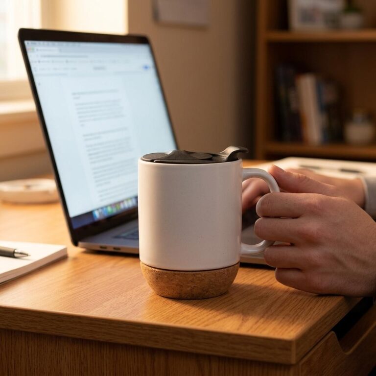 Cork Base Mug Mockup: Cozy Desk Scene in Late-Afternoon Light